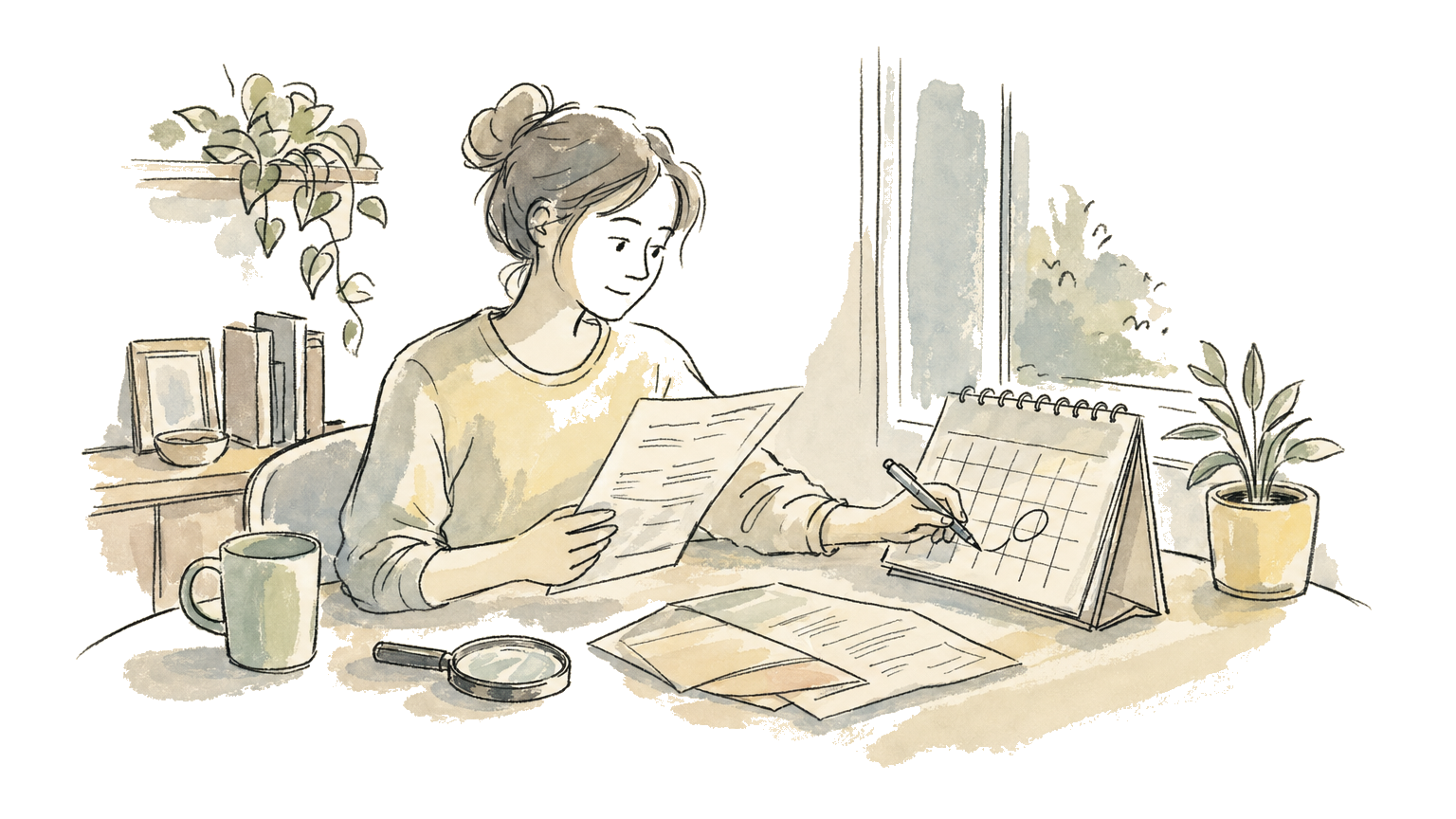Hand-drawn illustration of a tenant checking a notice with a calendar and magnifying glass