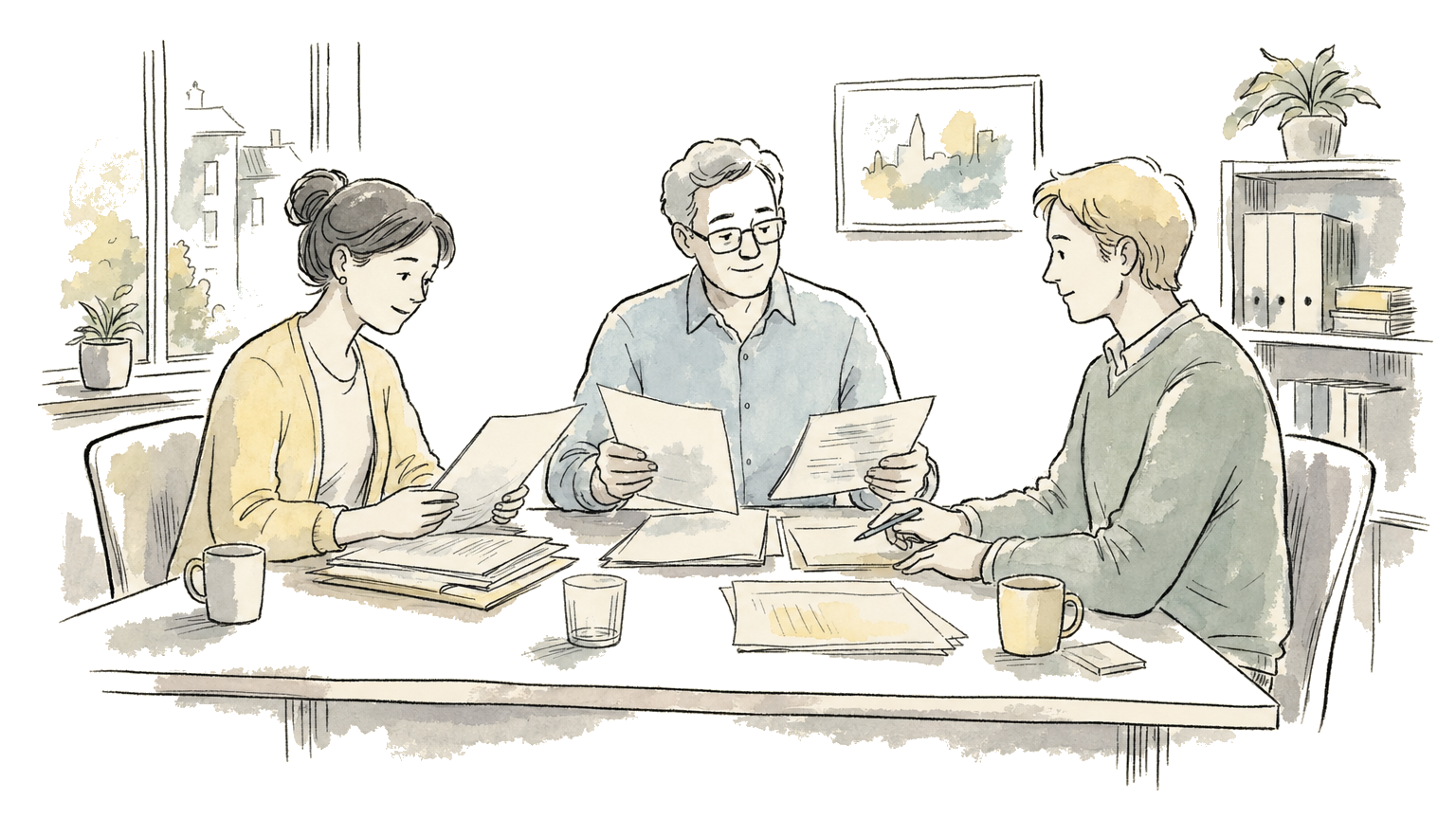 Hand-drawn illustration of a tribunal panel reviewing papers at a table