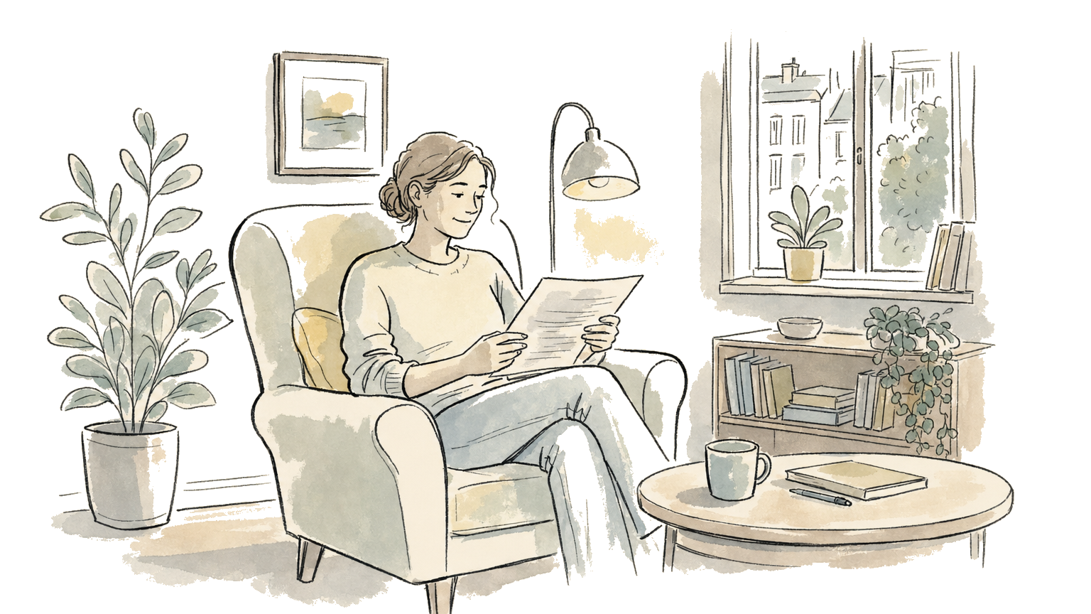 Hand-drawn illustration of a tenant reading a tribunal rent determination
