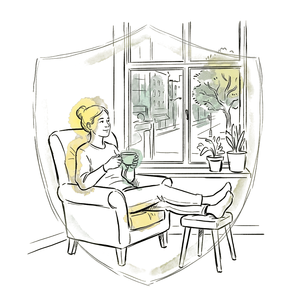 Woman sitting comfortably with tea by a window, surrounded by a subtle shield symbolizing security