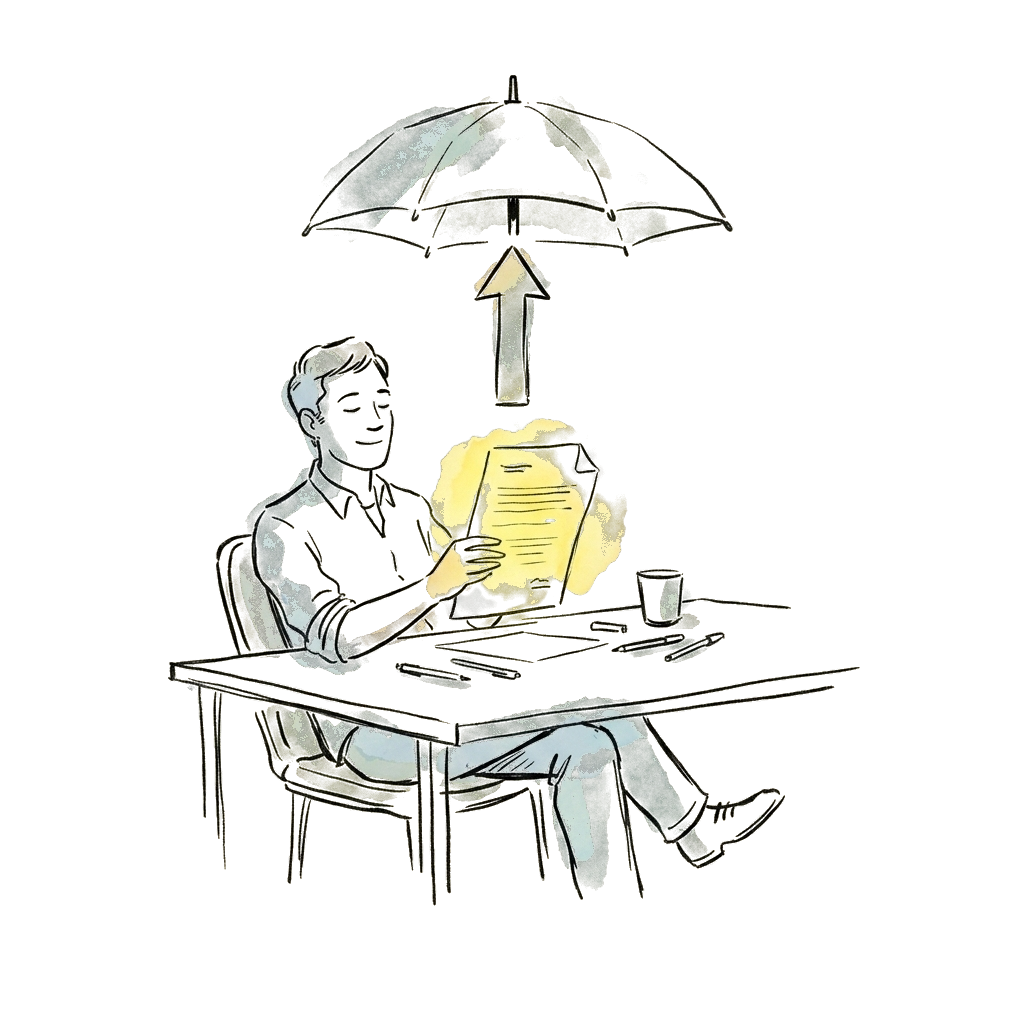 Person reading a letter at a table with an umbrella blocking a rising arrow